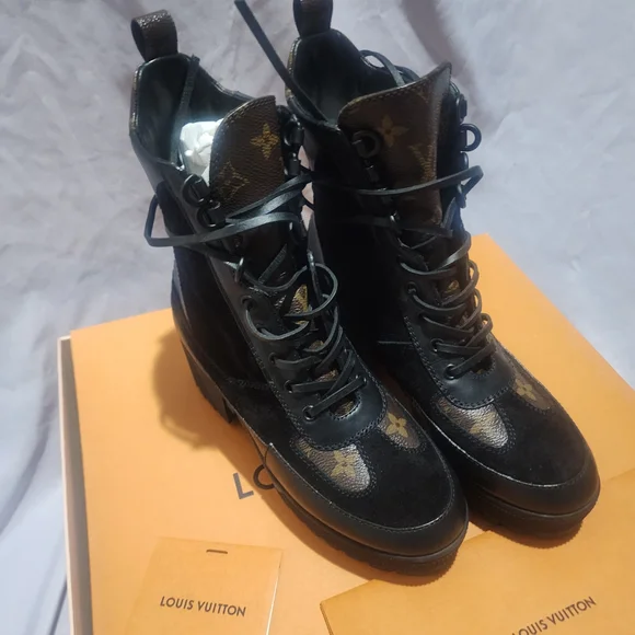 Louis Vuitton Black Monogram Lace-Up Platform Boots - Picture 2 of 9